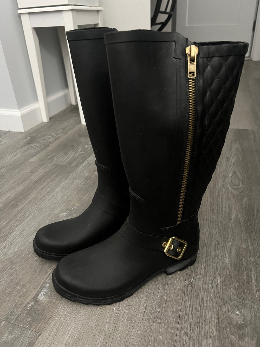Steve Madden Black Quilted Tall Rain Boots with Gold Zip